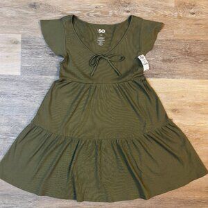 SO Olive Green Dress Medium NWT Tiered Ribbed Knit Mini Dress Boho